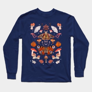 Moth and Mushroom Magic Fall Pattern in Navy Long Sleeve T-Shirt